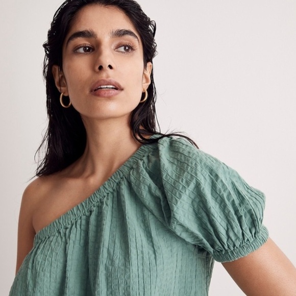 Madewell Seersucker One-Shoulder Puff-Sleeve Midi Dress - Trellis Green XXS - Picture 4 of 9